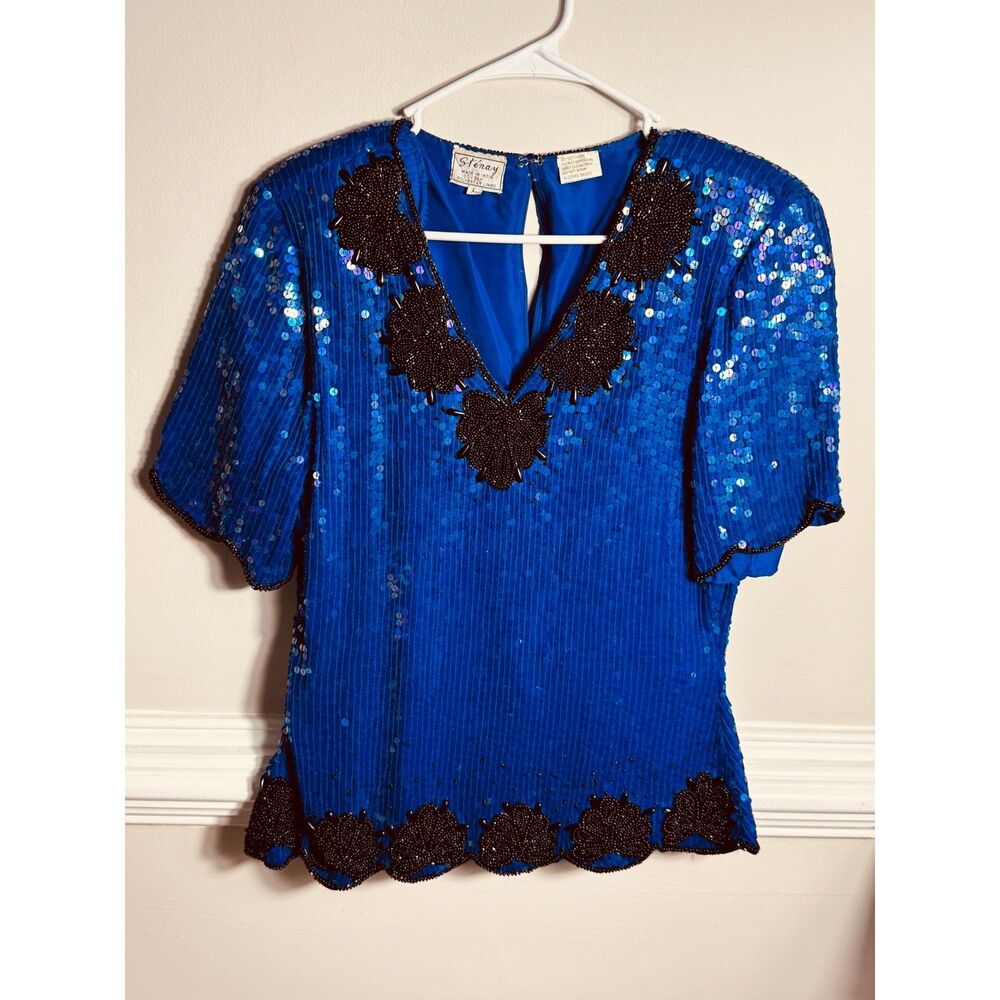Vintage Stenay Silk Beaded Sequin Top Blue Black Evening Party Blouse Women’s L